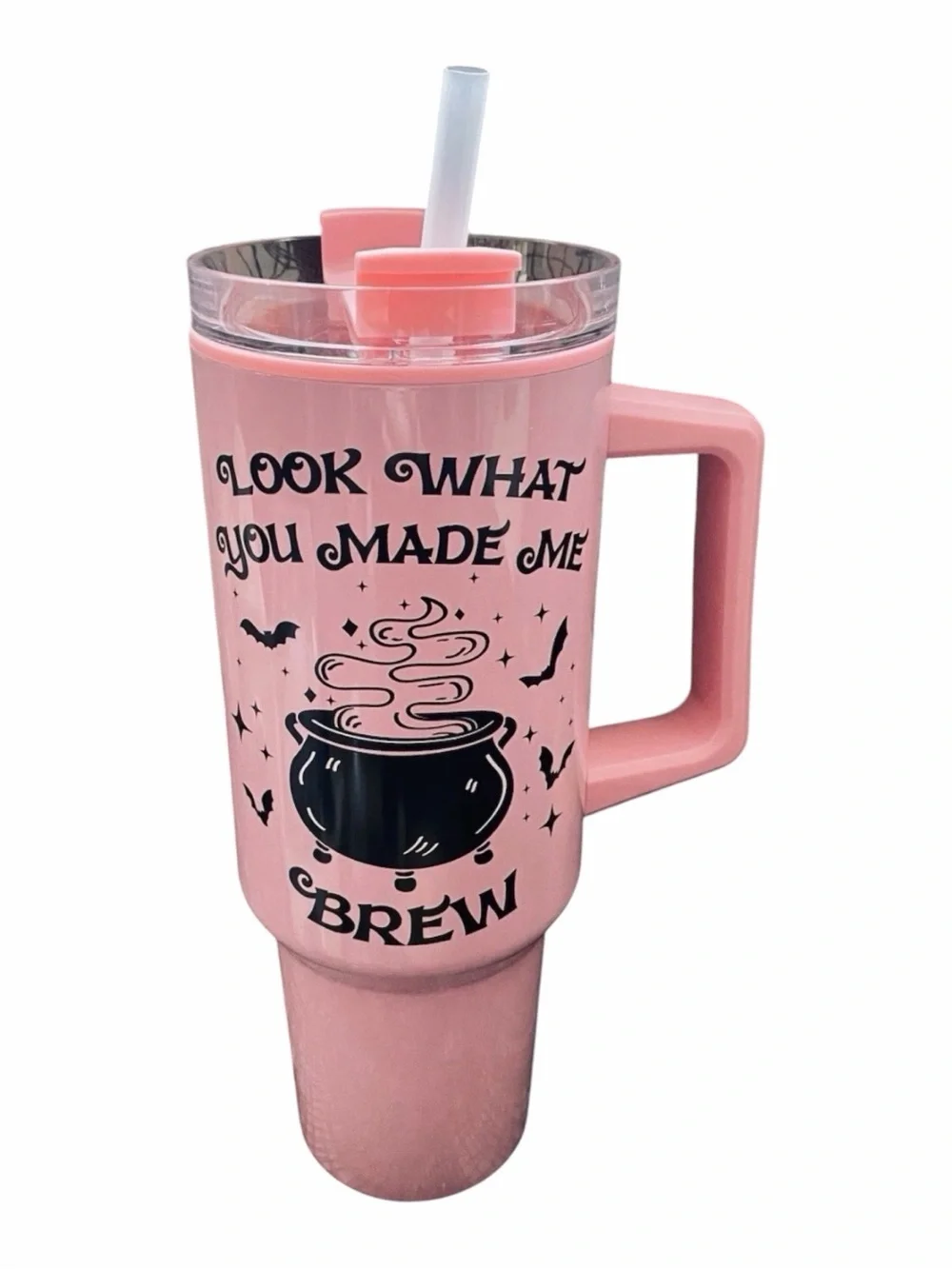 Pink 'Look What You Made Me Brew' Travel Tumbler with Handle - 40 Oz- New